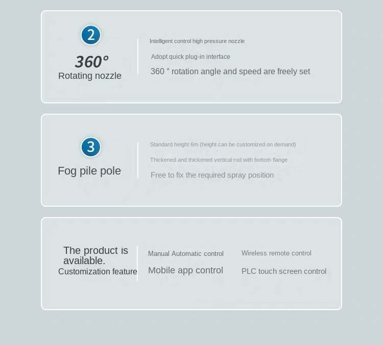 360 degree rotating nozzle fog pile pole specifications control options manual wireless remote mobile app PLC touch screen for industrial dust suppression system